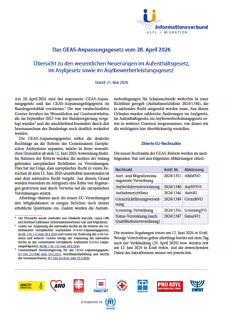 Informationsverbund Asyl & Migration: Das GEAS-Anpassungsgesetz vom 28. April 2026 - Übersicht zu den wesentlichen Neuerungen im Aufenthaltsgesetz, im Asylgesetz sowie im Asylbewerberleistungsgesetz (05/2026)