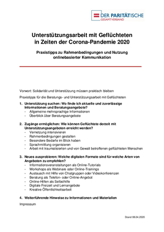 Arbeitshilfe des Paritätischen Gesamtverbands: Unterstützungsarbeit mit Geflüchteten in Zeiten der Corona-Pandemie 2020 (04/2020)