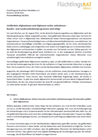 Aufruf der Landesflüchtlingsräte, PRO ASYL und zahlreicher weiterer Organisationen zu einer Aufnahme gefährdeter Afghaninnen und Afghanen (09/2021)