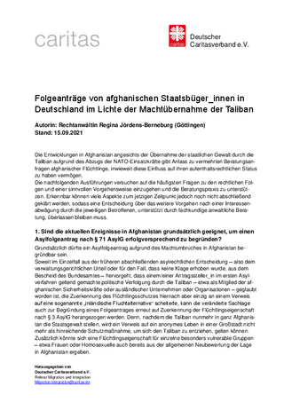 Handreichung der Caritas zu Folgeanträgen von afghanischen Schutzsuchenden (09/2021)