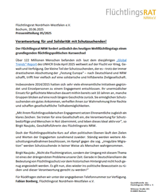 Pressemitteilung zum Weltflüchtlingstag des Flüchtlingsrats NRW e.V.: Verantwortung für und Solidarität mit Schutzsuchenden! (20.06.2025)
