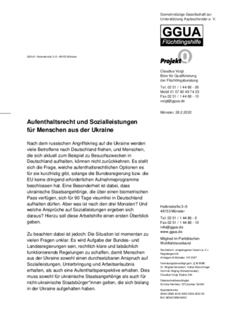 GGUA Flüchtlingshilfe: Aufenthaltsrecht und Sozialleistungen für Menschen aus der Ukraine
