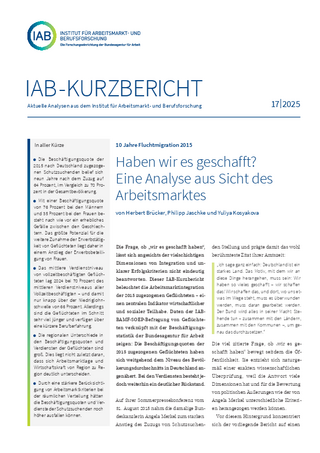 IAB-Kurzbericht zur Arbeitsmarktintegration von 2015 eingereisten Flüchtlingen: Beschäftigungsquote lag neun Jahre nach ihrem Zuzug bei 64 % und damit nur noch knapp unter dem Durchschnitt der Gesamtbevölkerung (70 %).