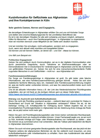 Kurzinformation für Geflüchtete aus Afghanistan und ihre Kontaktpersonen in Köln (08/2021)