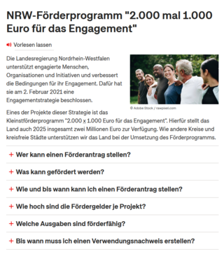NRW-Förderprogramm "2.000 mal 1.000 Euro für das Engagement" (Antragsfrist: 1. November 2025)