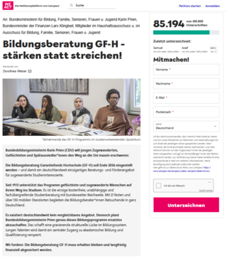 Online-Petition: Bildungsberatung GF-H – stärken statt streichen! Seit 1972 unterstützt das Programm geflüchtete und zugewanderte Menschen auf ihrem Weg ins Studium.