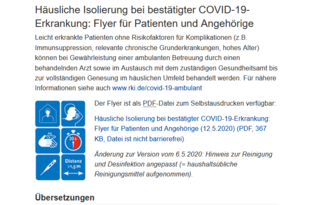 Häusliche Isolierung bei bestätigter COVID-19-Erkrankung: mehrsprachige Flyer des Robert Koch Institut
