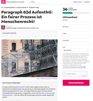 Online-Petition: "Paragraph 62d bleibt: Ein fairer Prozess ist Menschenrecht!" Mach mit! Unterzeichne jetzt für das Grundrecht auf faire Verfahren.