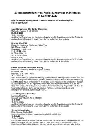 Übersicht Ausbildungsmessen/Infotage in Köln für 2020
