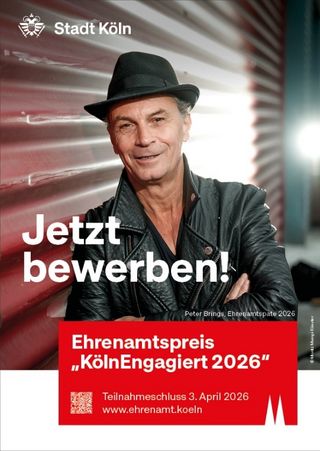 Ehrenamtspreis "KölnEngagiert 2026". Teilnehmen können alle, die sich in Köln engagieren: Einzelpersonen, Gruppen, Vereine, Projekte und Initiativen aus sämtlichen Bereichen des gesellschaftlichen Lebens.  (Teilnahmeschluss: 03. April 2026)