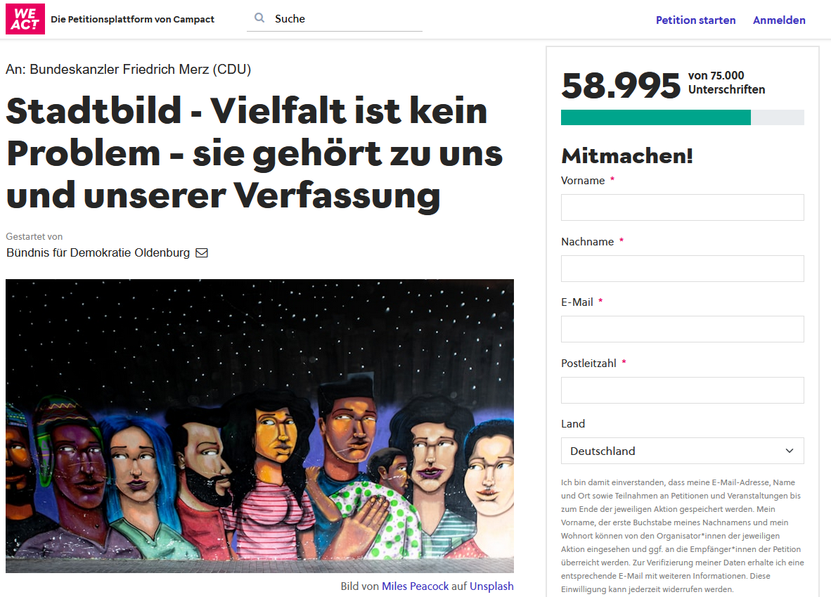 Online-Petition: 'Stadtbild - Vielfalt ist kein Problem – sie gehört zu uns und unserer Verfassung'
