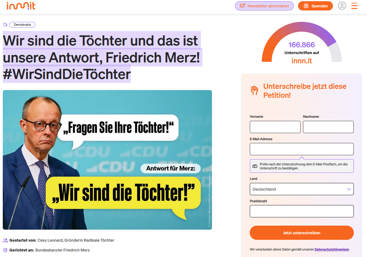 Online-Petition: Wir sind die Töchter und das ist unsere Antwort, Friedrich Merz! #WirSindDieTöchter
